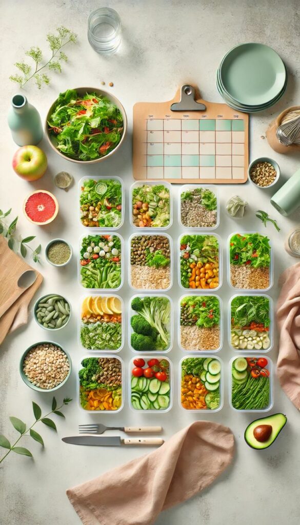 Vegan diabetic-friendly meal prep containers showing balanced plant-based meals for reversing insulin resistance