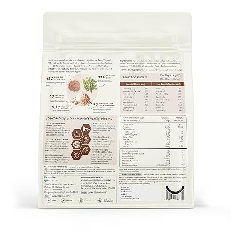 Nutrition label of Happy Cultures Vegan Protein showing 23g plant-based protein per serving, low carbohydrates, no added sugar, and essential amino acids.